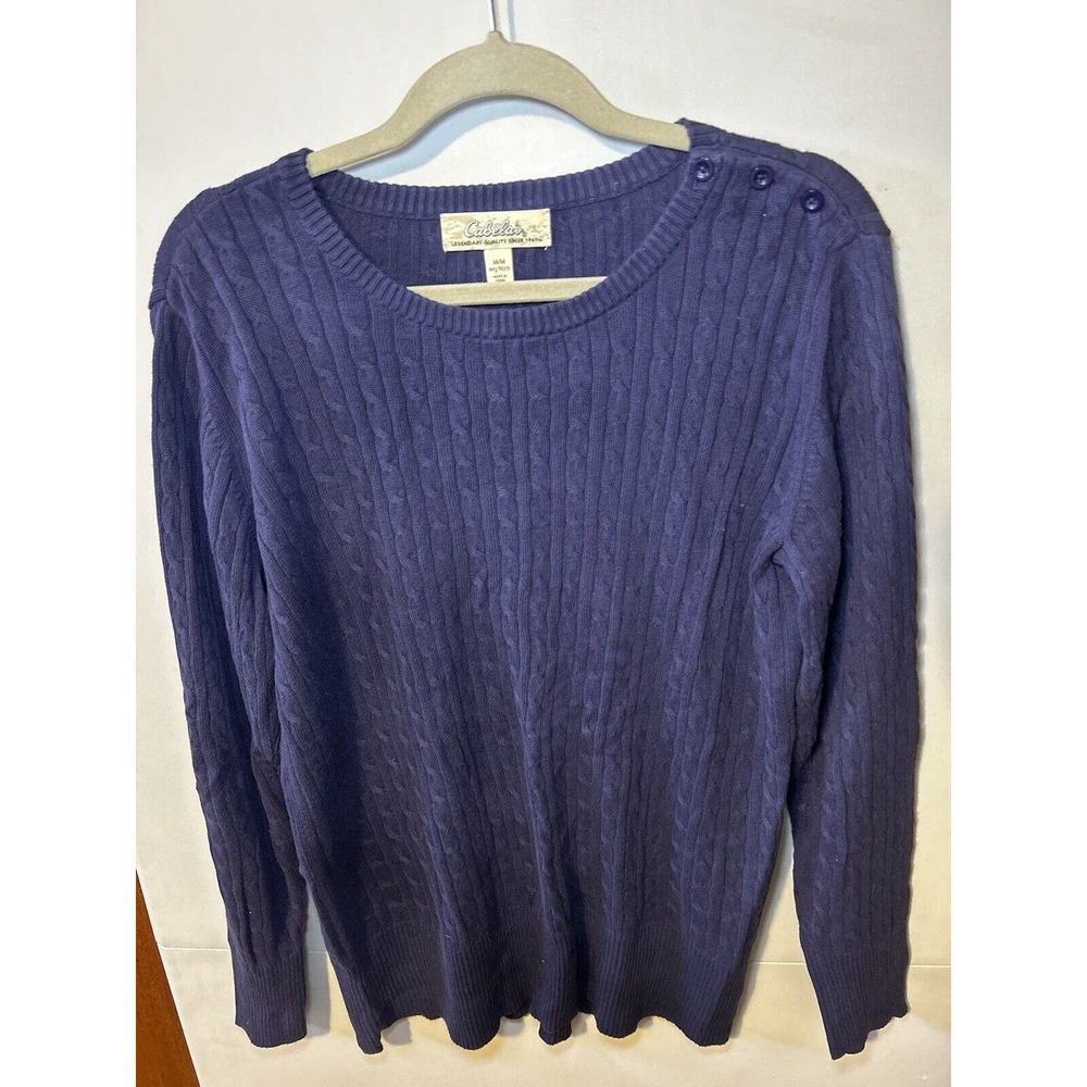 Cabelas 100% Cotton Sweater Blue Purple Women’s Size Medium Buttons On Shoulder